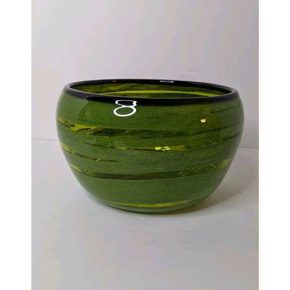 Green Swirl Glass Art Bowl. Signed Hand Blown